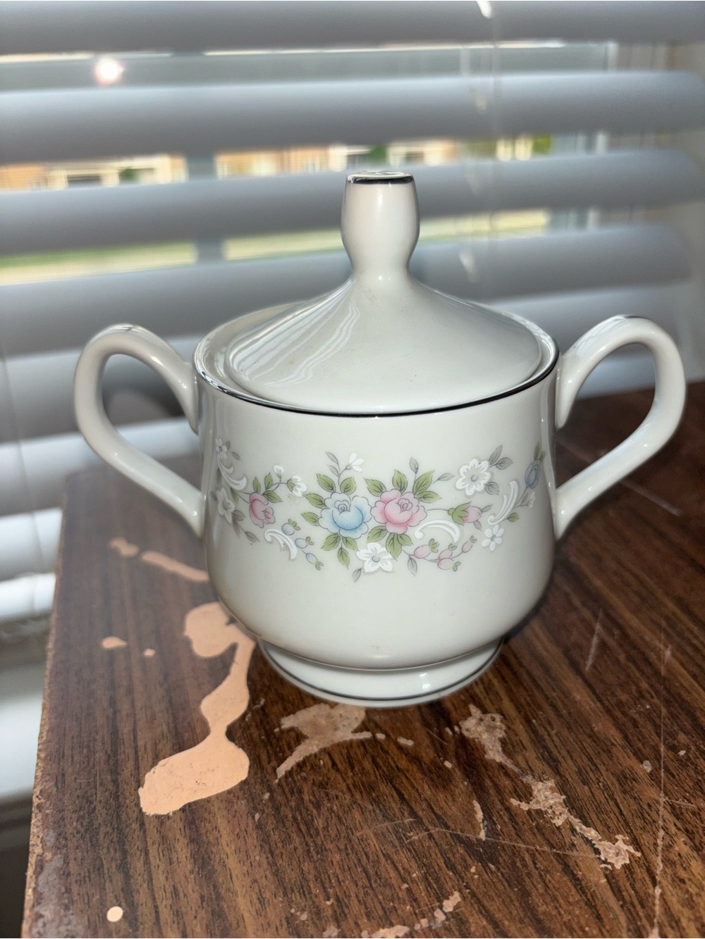Classic Floral Covered Sugar Bowl - White with Pink & Blue Accents